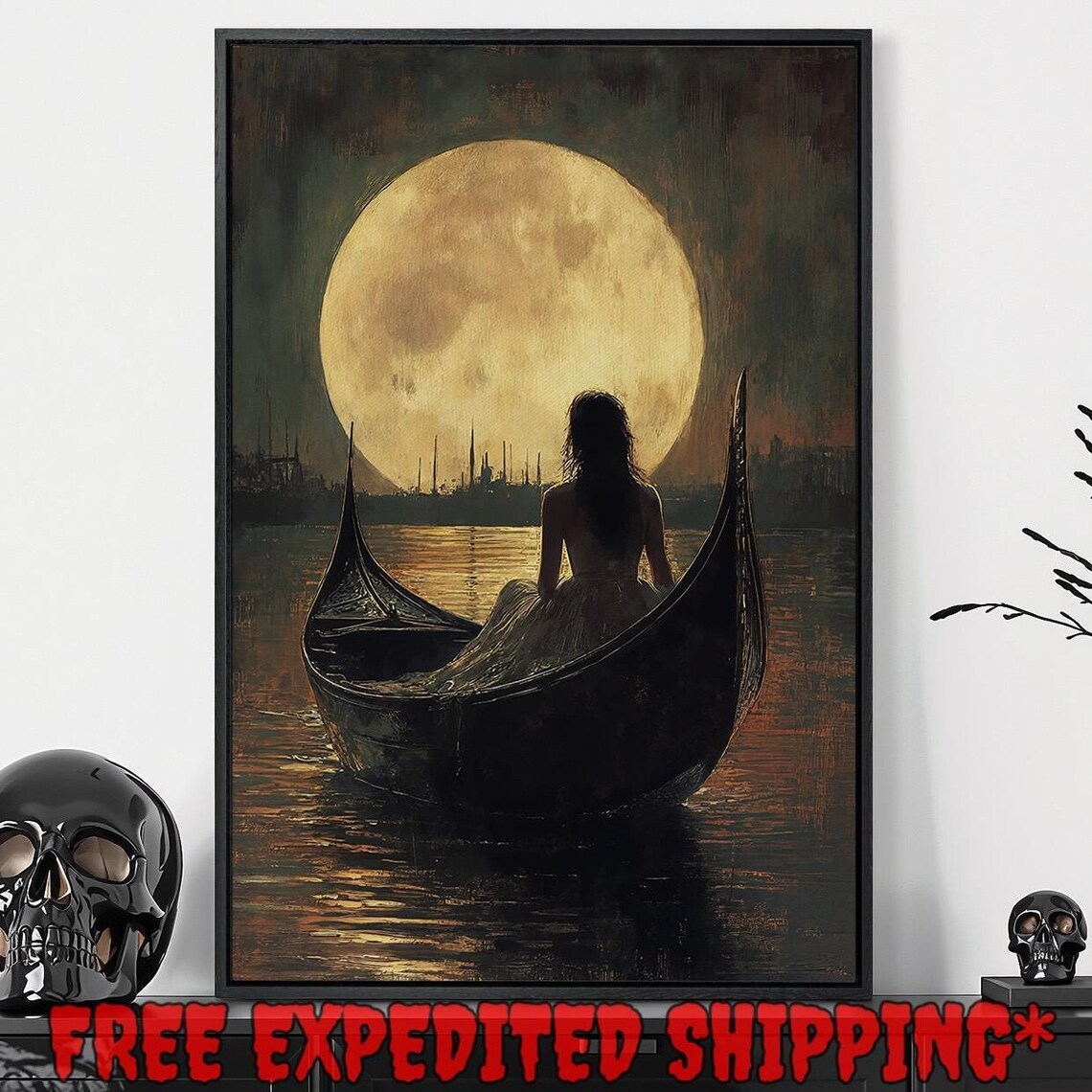 Woman in Gondola Under Giant Golden Full Moon Night Art Poster
