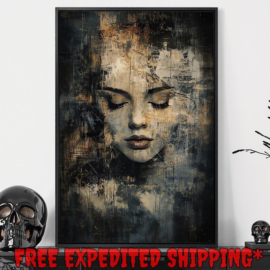 Mysterious Woman Face With Closed Eyes Textured Dark Gold Abstract Poster