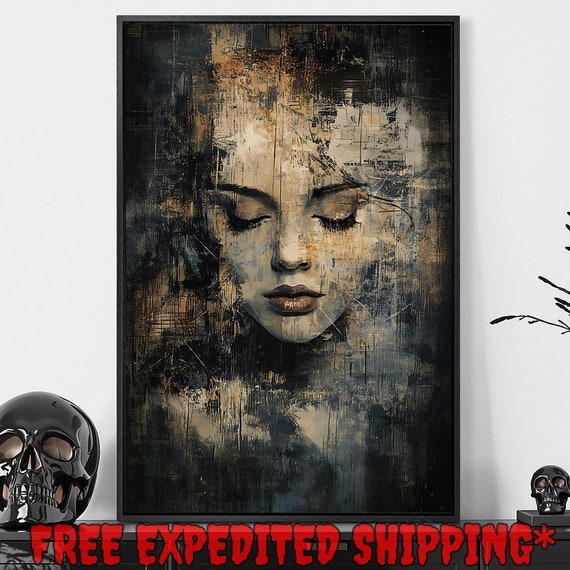 Moody Female Face Framed Wall Art Mysterious Woman Painting Print Dark Academic Decor Gothic Aesthetic Poster Gift Ready To Hang