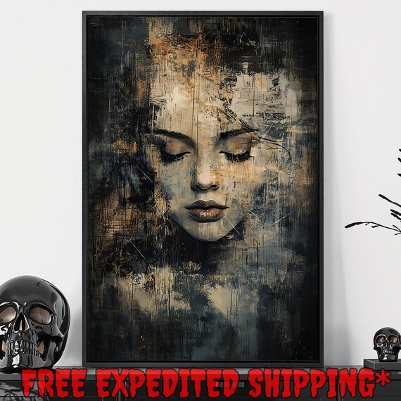 Mysterious Woman Face With Closed Eyes Textured Dark Gold Abstract Poster
