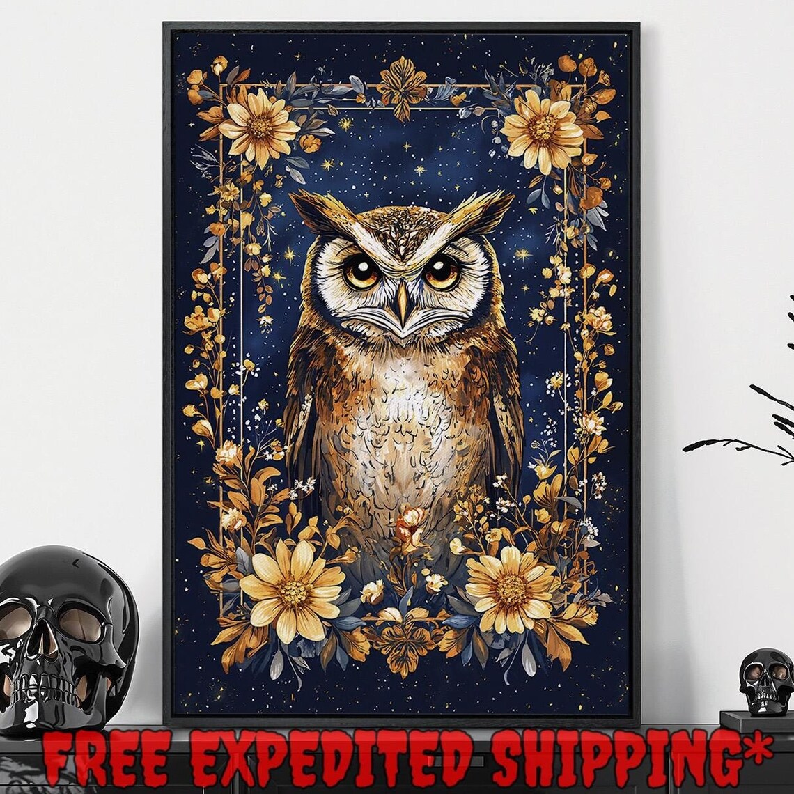 Great Horned Owl With Golden Flowers Starry Night Botanical Art Poster
