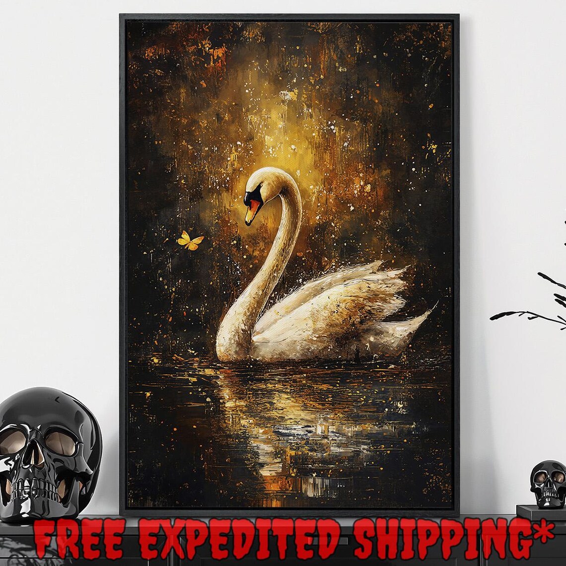 White Swan On Golden Dark Lake With Butterfly Elegant Art Poster