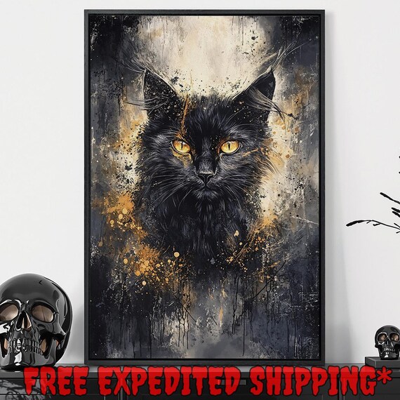 Black Cat Orange Eyes Dark Gold Abstract Dripping Paint Mystical Wall Poster