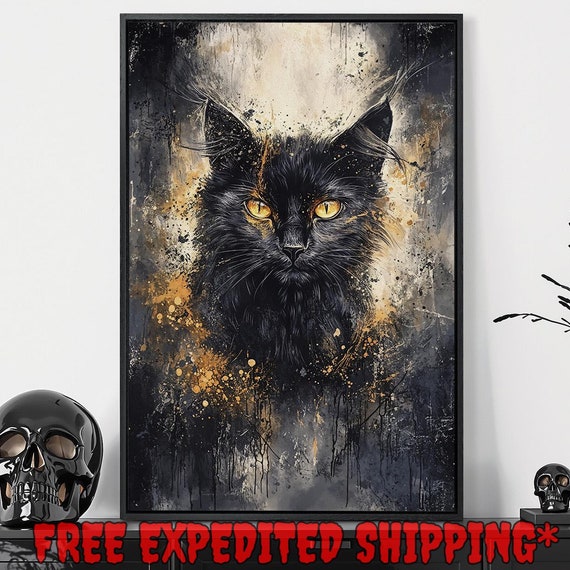 Black Cat With Orange Eyes Framed Wall Art Abstract Gothic Animal Painting Print Dark Academia Decor Macabre Poster Ready To Hang