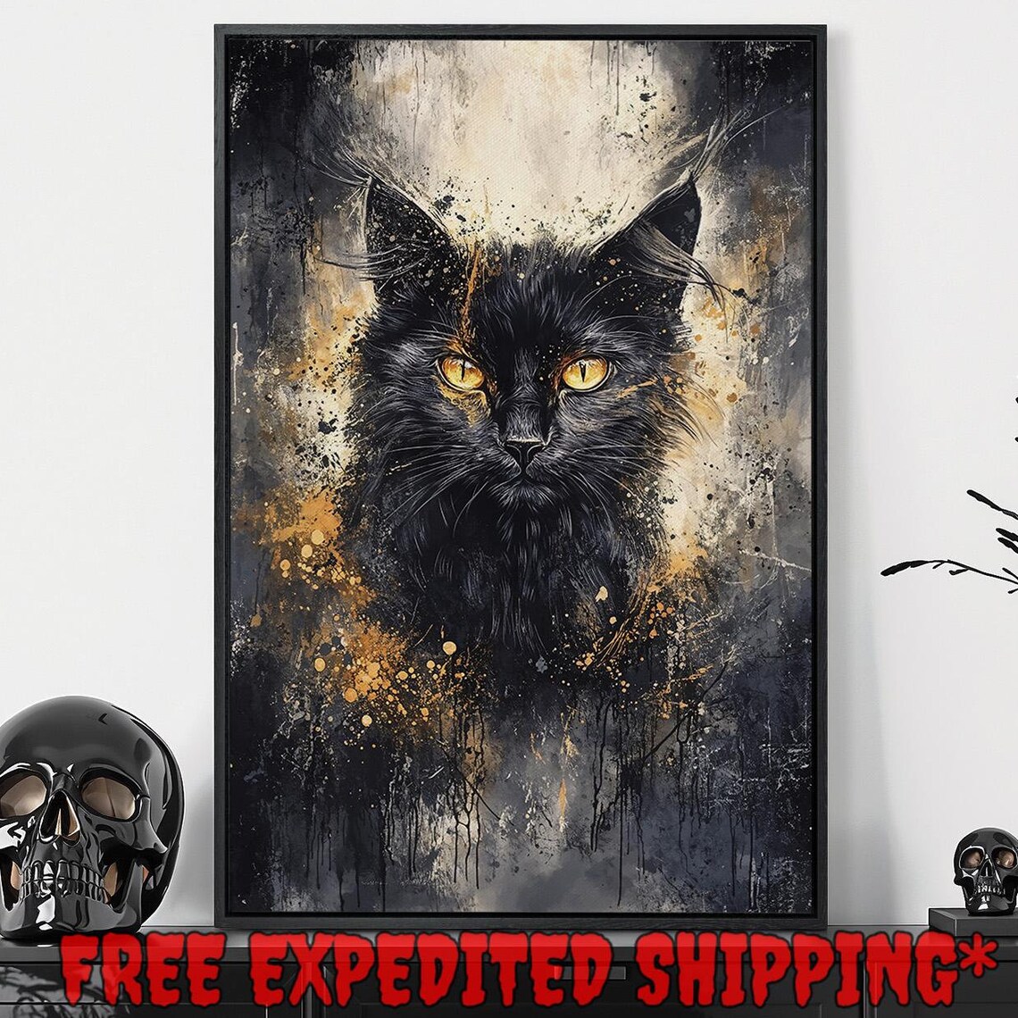 Black Cat Orange Eyes Dark Gold Abstract Dripping Paint Mystical Wall Poster