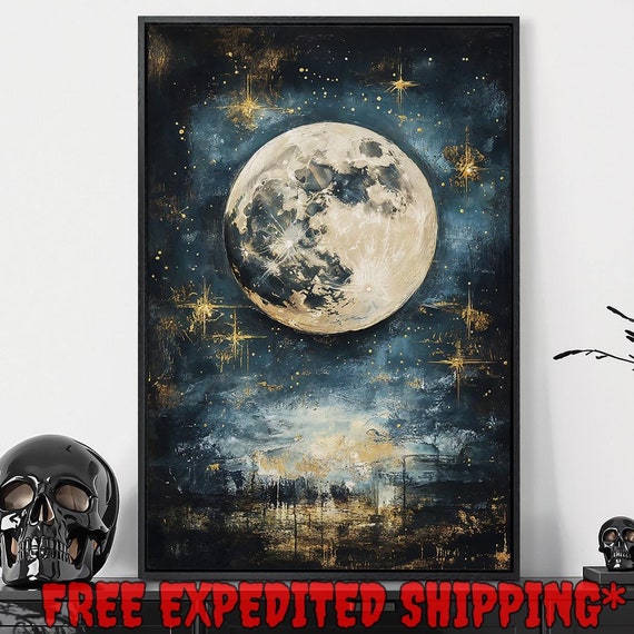 Starry Night Sky Framed Wall Art Celestial Full Moon Painting Print Fantasy Dark Space Decor Gothic Cosmic Poster Gift Ready To Hang