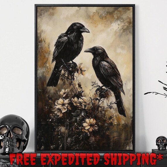 Two Black Ravens Dried Flowers Moody Sepia Gothic Bird Dark Cottagecore Poster