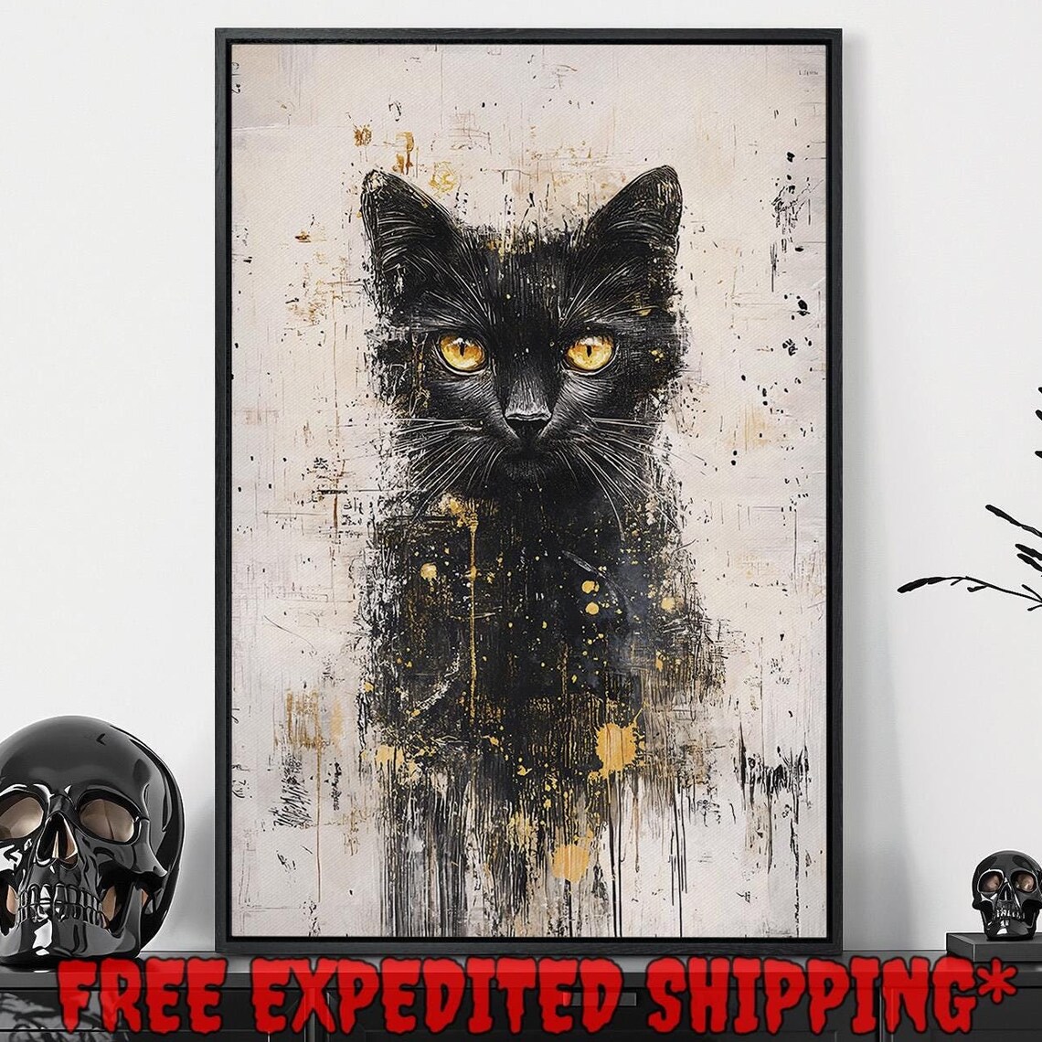 Black Cat Yellow Eyes Abstract Ink Gold Splatter Modern Feline Wall Art Poster