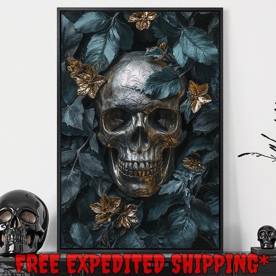 Mystery Skull Framed Wall Art Teal Leaves And Gold Flowers Painting Print Dark Academic Decor Memento Mori Poster Gift Ready To Hang