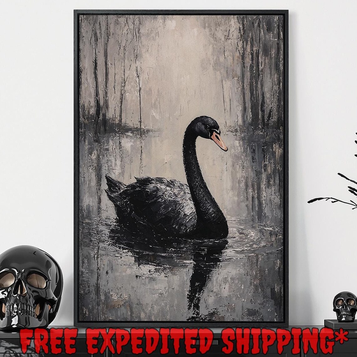 Black Swan Foggy Pond Gray Mist Dark Wildlife Serene Art Poster
