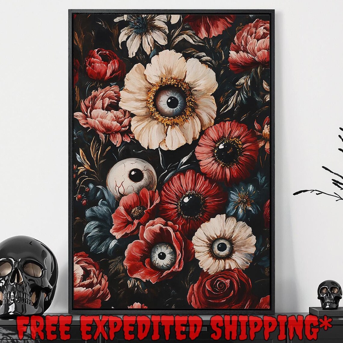 Surreal Red Poppies With Eyeball Centers Gothic Floral Art Poster