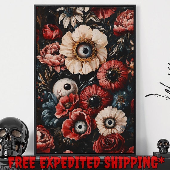 Surreal Flowers With Creepy Eyes Print Dark Floral Gothic Botanical Decor Dark Cottagecore Poster Ready To Hang Framed Wall Art