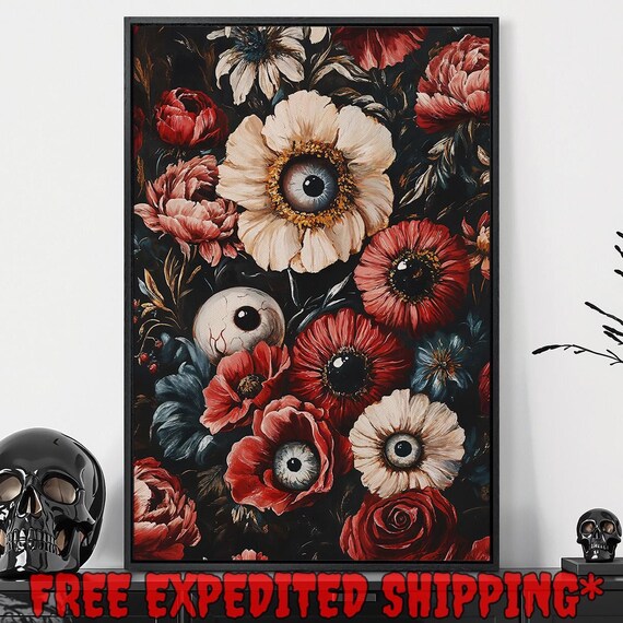 Surreal Red Poppies With Eyeball Centers Gothic Floral Art Poster