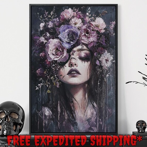 Girl With Purple Flowers, Gothic Dark Academia Art Print