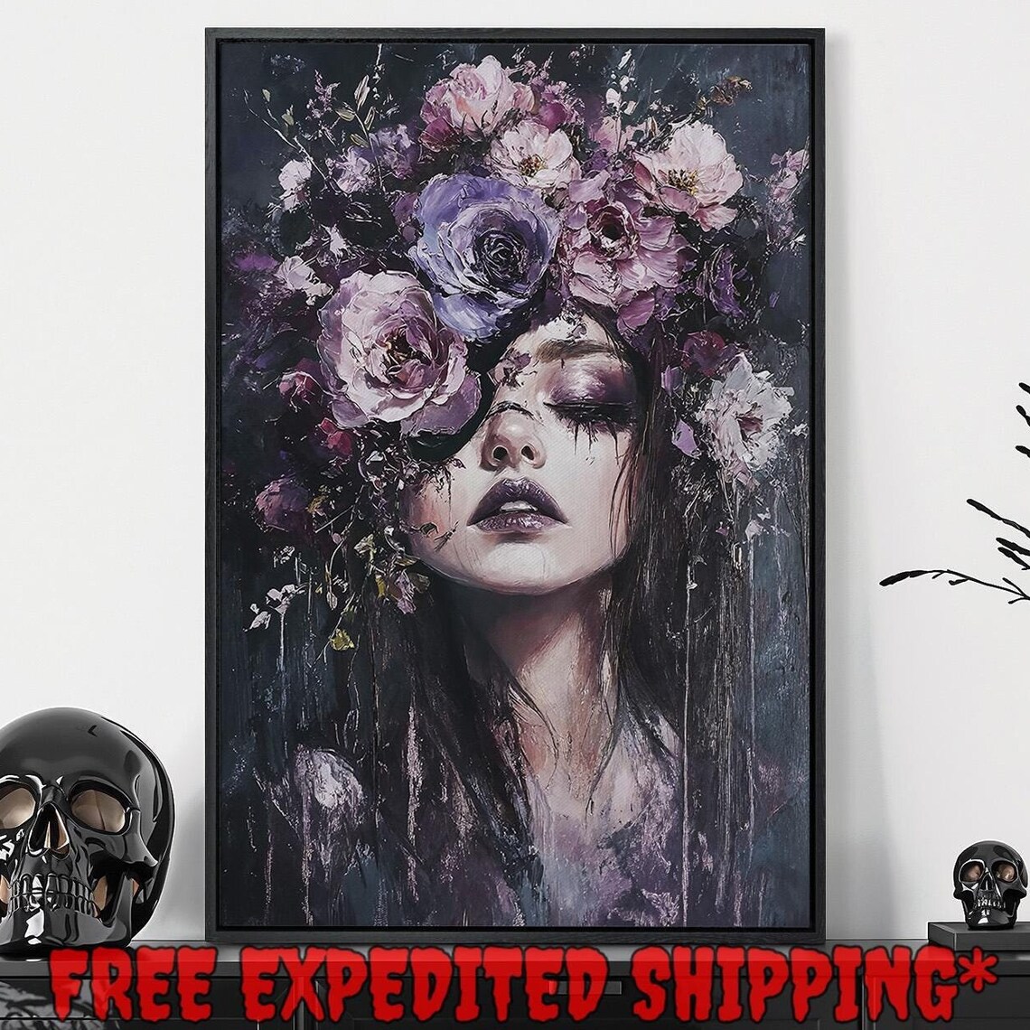 Girl With Purple Flowers, Gothic Dark Academia Art Print