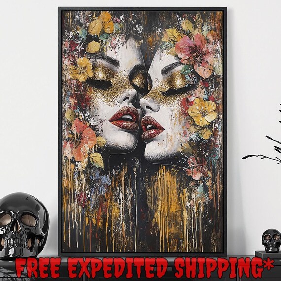 Glamorous Women Faces With Gold Glitter Eyes Floral Painting Poster