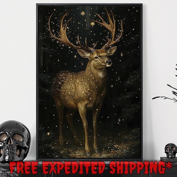 Enchanted Deer In Dark Forest Print Mysterious Animal Dreamy Home Decor Magic Dark Academic Poster Ready To Hang Framed Wall Art