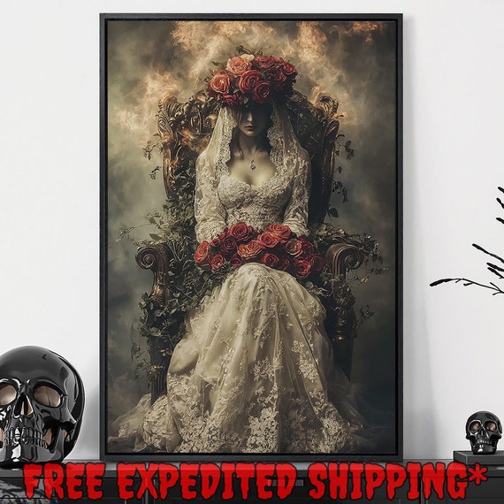 Macabre Woman In Armchair Framed Wall Art White Lace Gown Red Roses Painting Print Gothic Decor Dark Academic Poster Ready To Hang