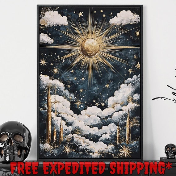 Surreal Sun And Stars Framed Wall Art Ethereal Clouds Painting Print Celestial Fantasy Decor Mystical Sky Poster Gift Ready To Hang