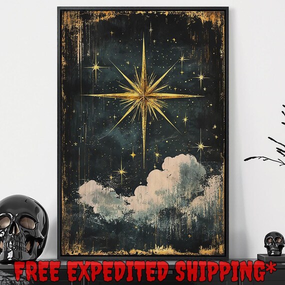 Large Golden North Star Dark Night Sky Clouds Celestial Vintage Wall Poster