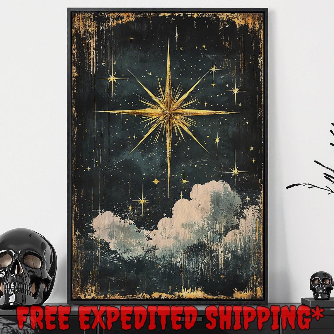 Starry Night Sky Framed Wall Art Large Gold Star And Clouds Painting Print Celestial Decor Dark Cottagecore Poster Ready To Hang