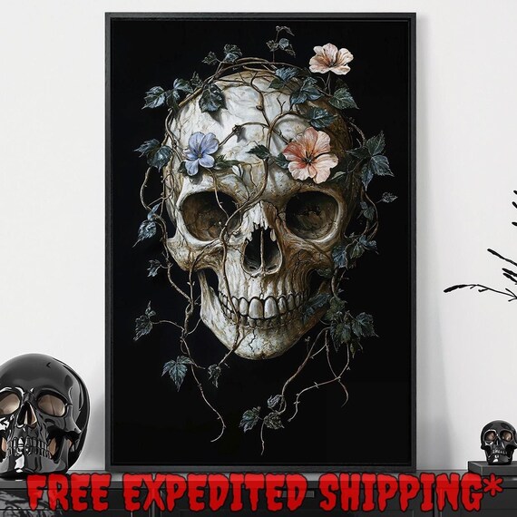 Skull Wrapped in Wildflower Vines Botanical Dark Painting Poster