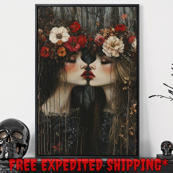 Two Women With Floral Crowns Nose to Nose Gothic Forest Art Poster