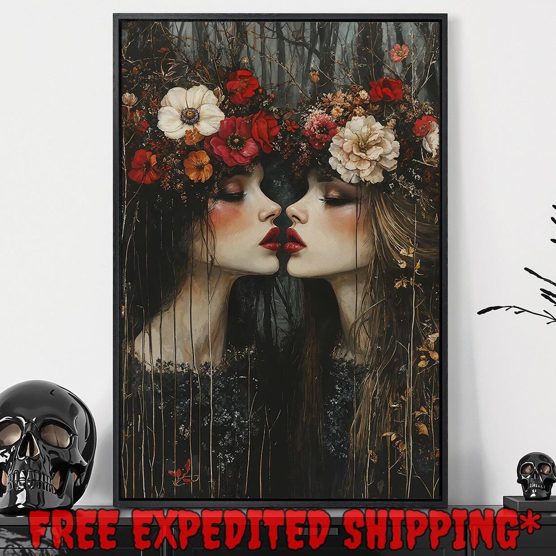 Two Women With Floral Crowns Nose to Nose Gothic Forest Art Poster