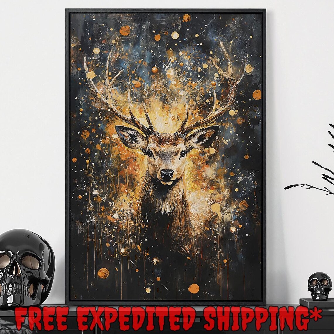 Golden Stag Portrait With Majestic Antlers Dark Abstract Wildlife Poster