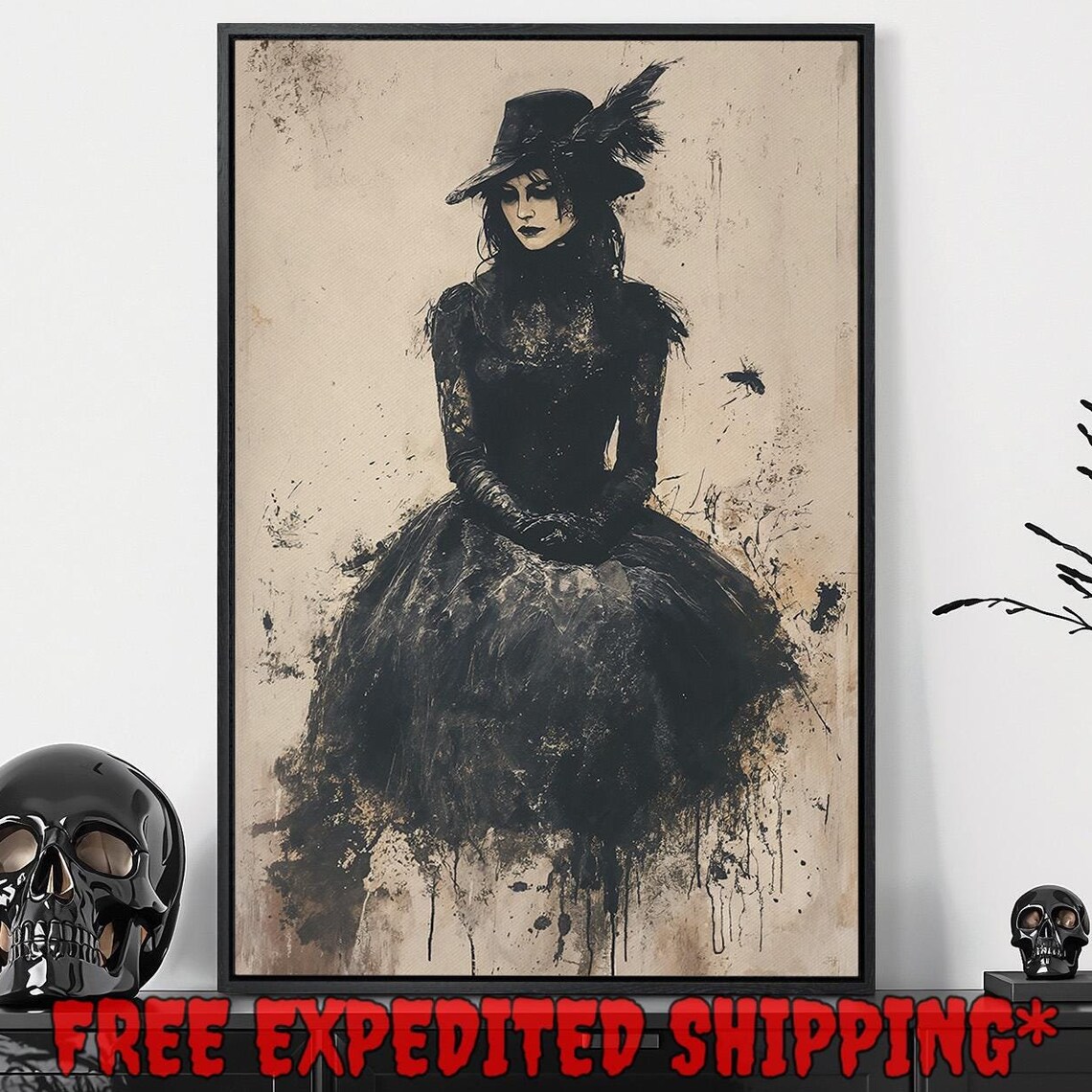 Gothic Victorian Woman In Black Dress And Feather Hat Ink Splatter Poster
