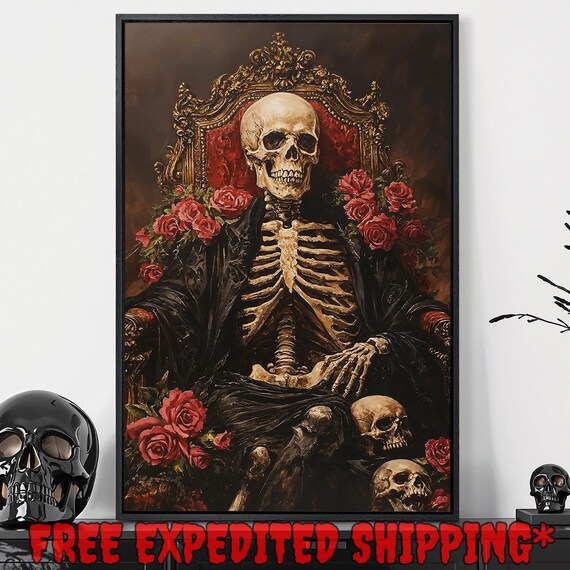 Macabre Skeleton On Golden Baroque Throne With Red Roses Dark Art Poster