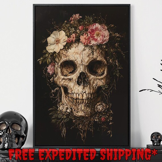 Gothic Skull Crowned With Pink Flowers Memento Mori Dark Floral Poster