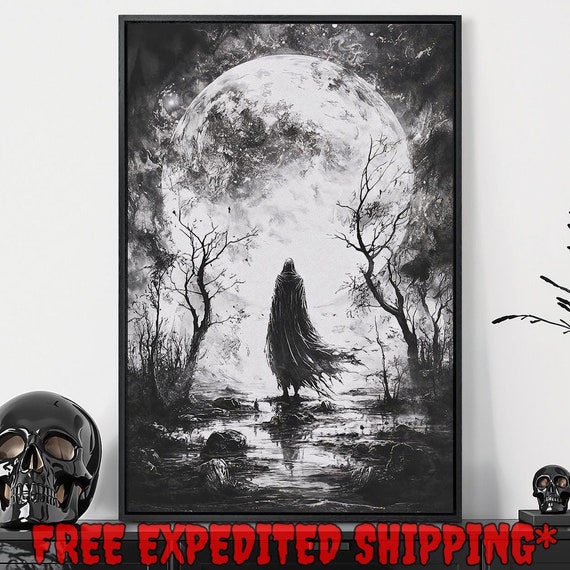 Gothic Full Moon Framed Wall Art Dark Figure In Black Robe Painting Print Mystical Landscape Decor Dark Academia Poster Ready To Hang