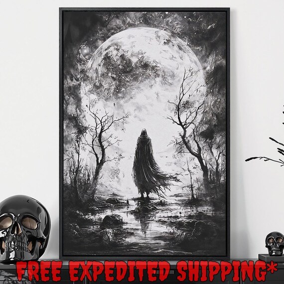 Hooded Figure Before Giant Full Moon Black And White Gothic Scene Poster