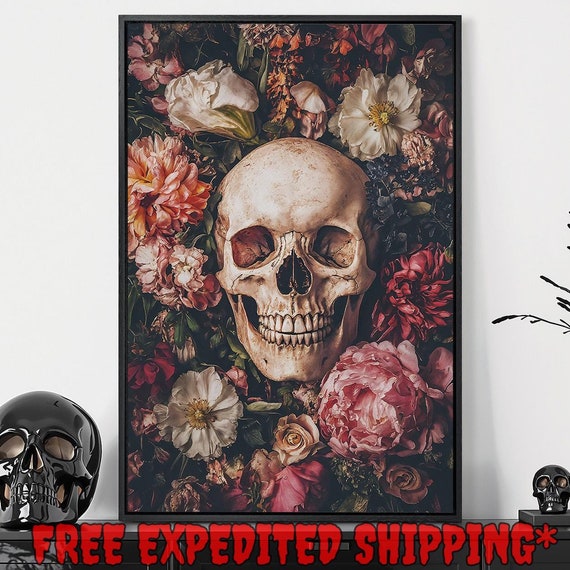 Creepy Skull In Flowers Framed Wall Art Gothic Floral Painting Print Dark Botanical Decor Dark Academia Poster Gift Ready To Hang
