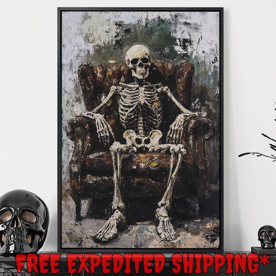 Skeleton Seated In Vintage Armchair Gothic Painterly Macabre Art Poster