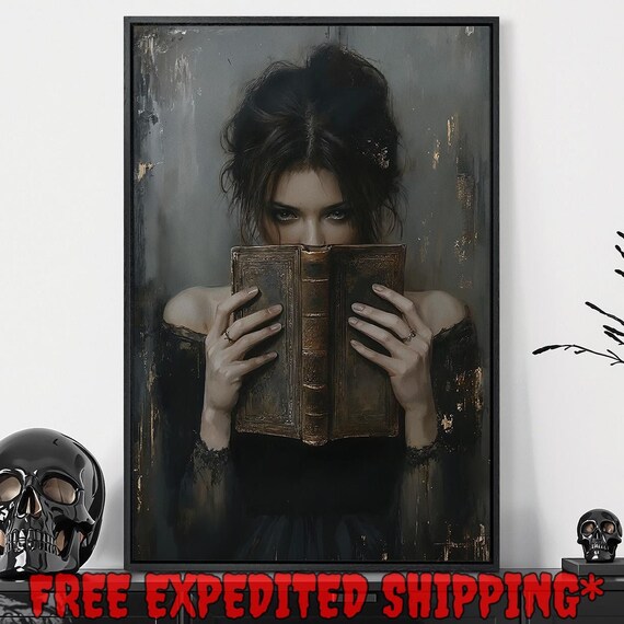 Dark Gothic Woman Holding Old Book Moody Portrait Art Poster