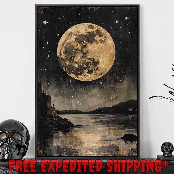 Golden Full Moon Over Moonlit Lake Mountains Surreal Night Sky Wall Poster