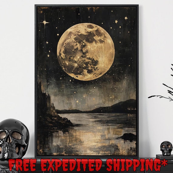 Surreal Moonlit Night Framed Wall Art Mystical Landscape Painting Print Starry Sky Decor Dark Cottagecore Poster Gift Ready To Hang