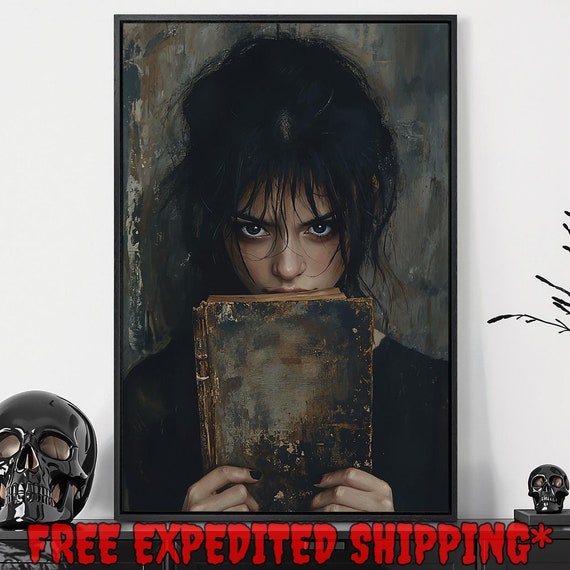 Gloomy Girl Portrait Reading Book Print Vintage Dark Literature Decor Gothic Dark Cottagecore Poster Ready To Hang Framed Wall Art