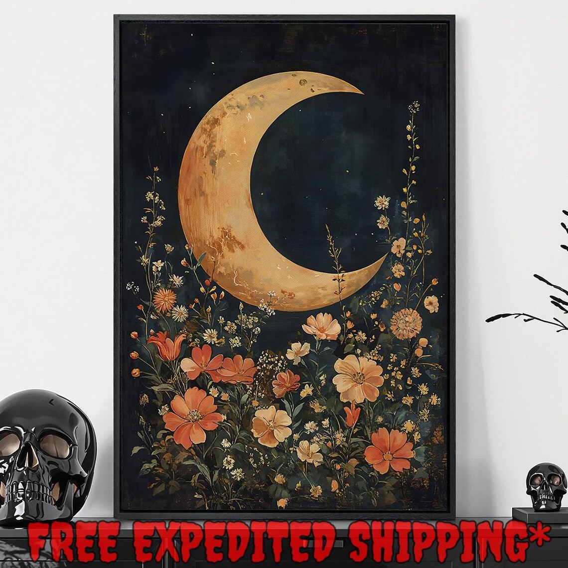 Crescent Moon Over Wildflowers Dreamy Orange Floral Night Dark Botanical Poster