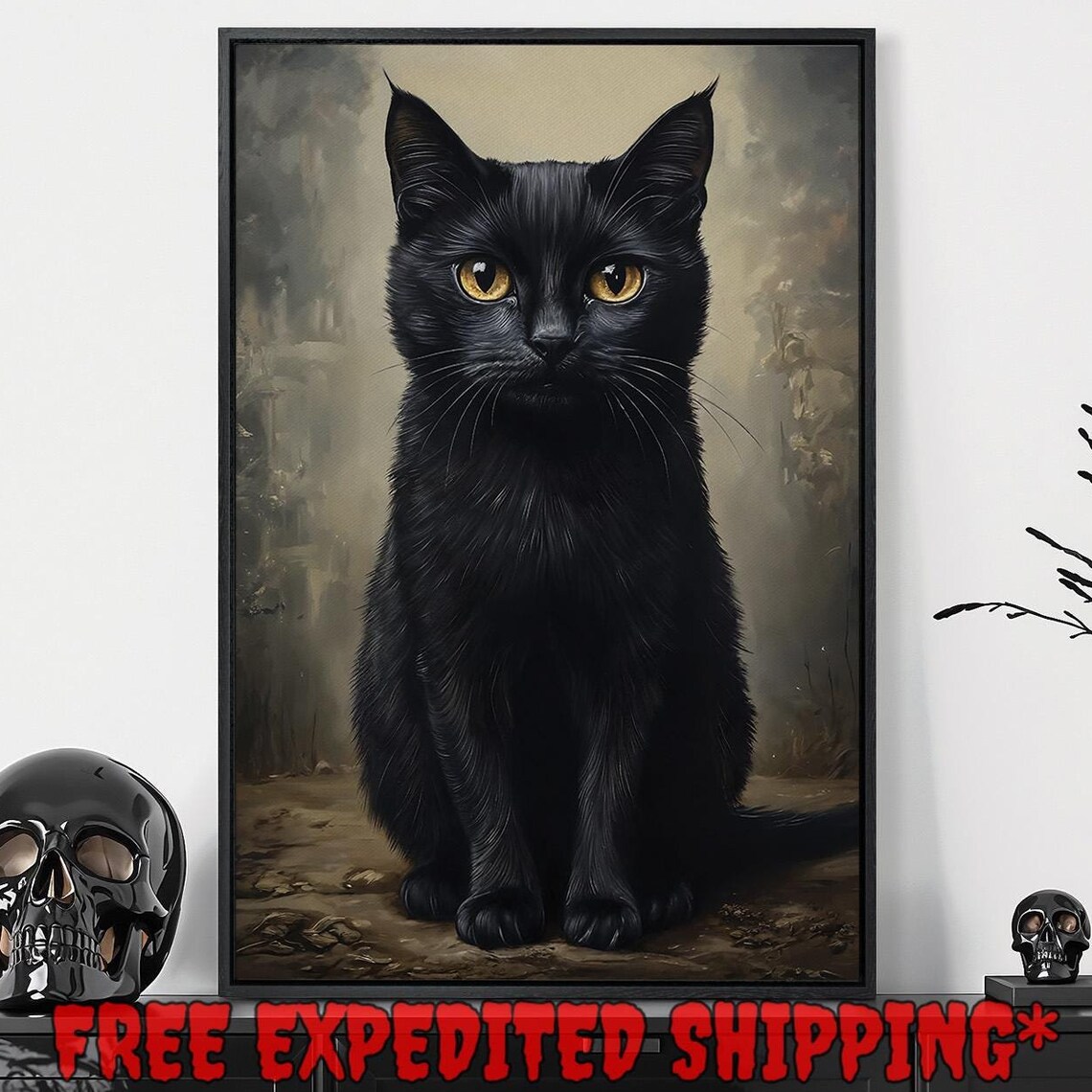 Black Cat With Amber Eyes Sitting Portrait Gothic Painting Poster
