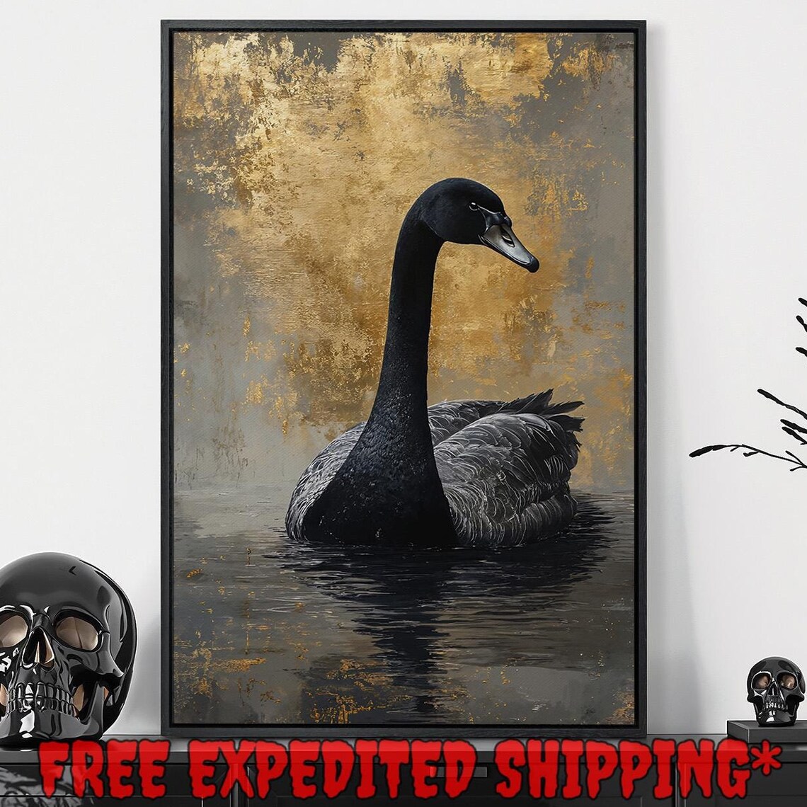 Graceful Black Swan Gliding On Dark Water Golden Night Sky Wall Poster