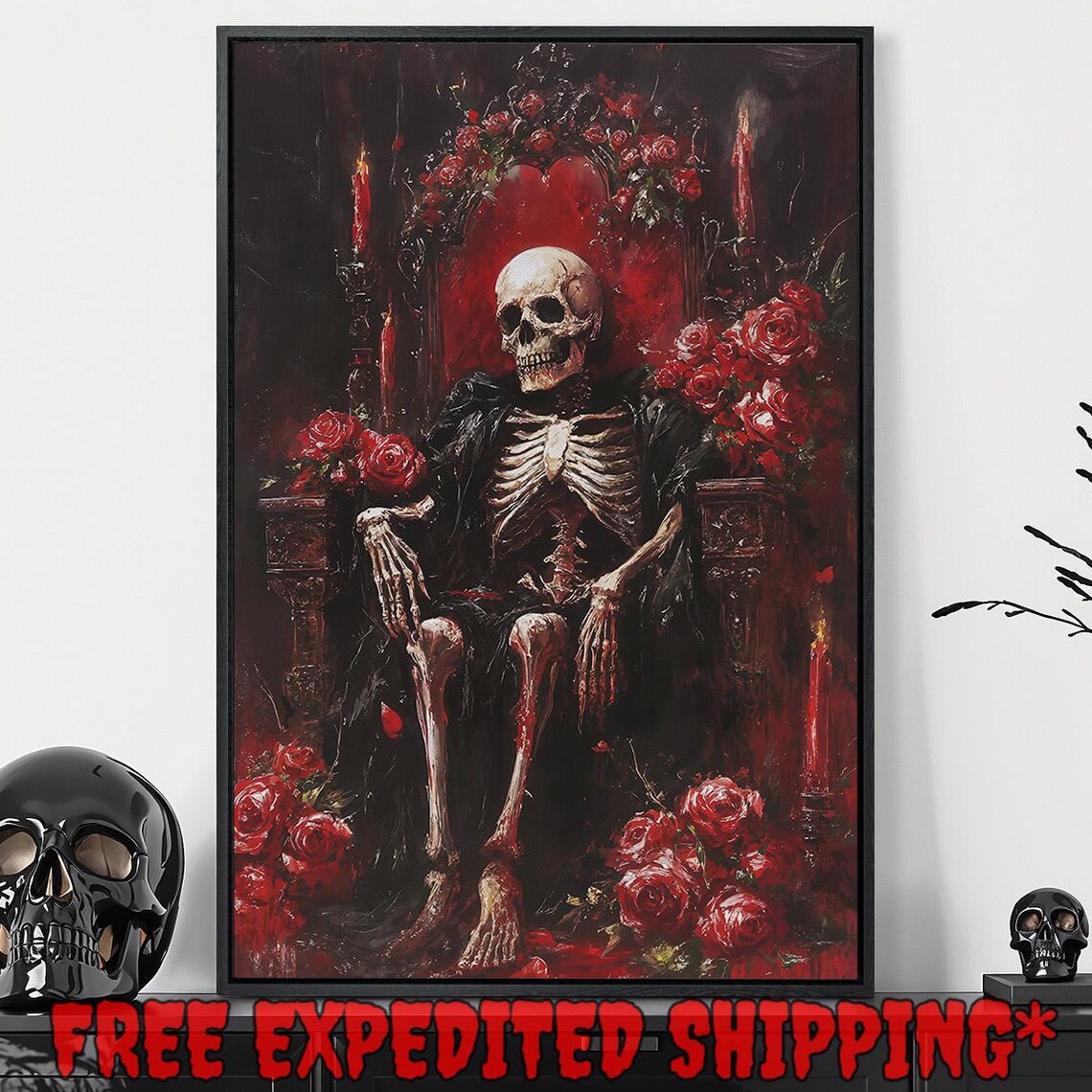 Skeleton King Seated on Throne Surrounded by Red Roses Art Poster
