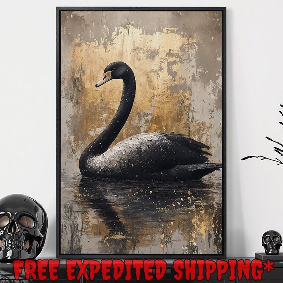 Elegant Black Swan On Dark Water With Golden Abstract Background Poster