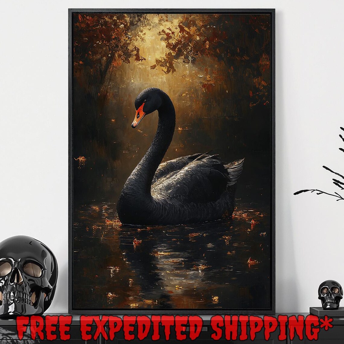 Black Swan Autumn Pond Golden Fall Leaves Dark Wildlife Art Poster