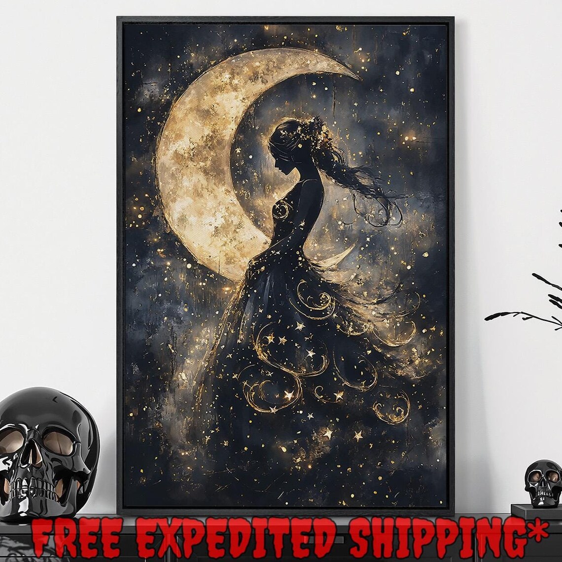 Ethereal Girl Silhouette With Crescent Moon Starry Gown Dark Fantasy Poster