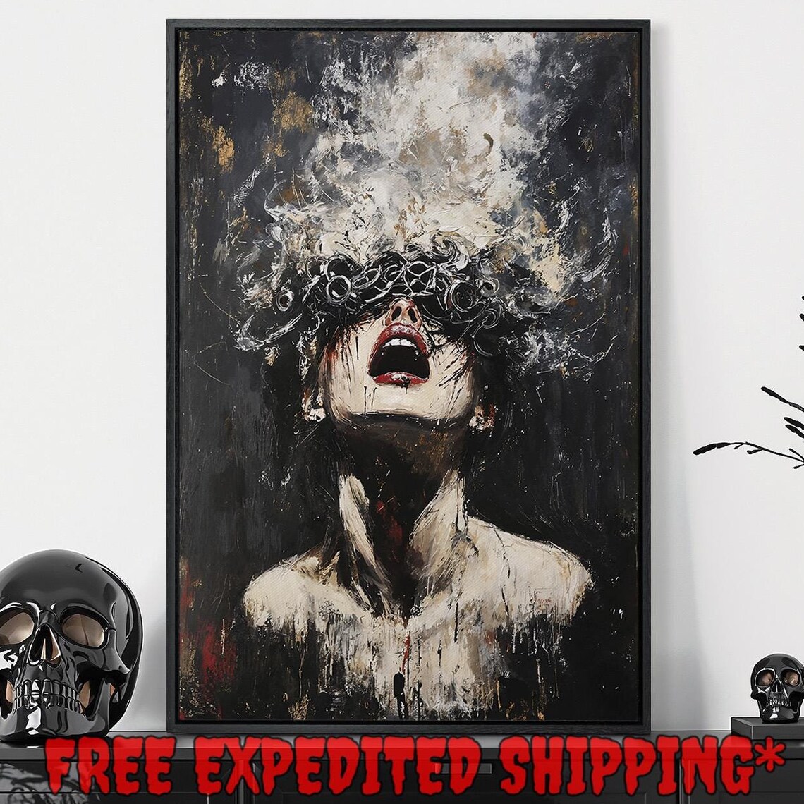 Screaming Woman With Dark Floral Crown White Splatter Chaotic Art Poster