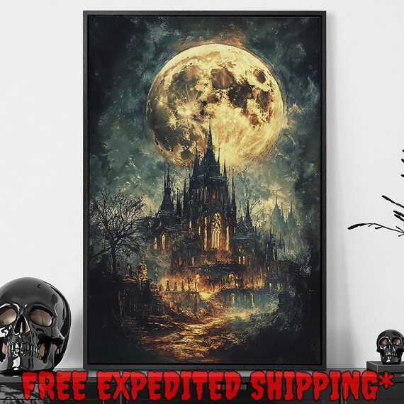 Dark Gothic Cathedral Beneath Giant Full Moon Night Sky Poster