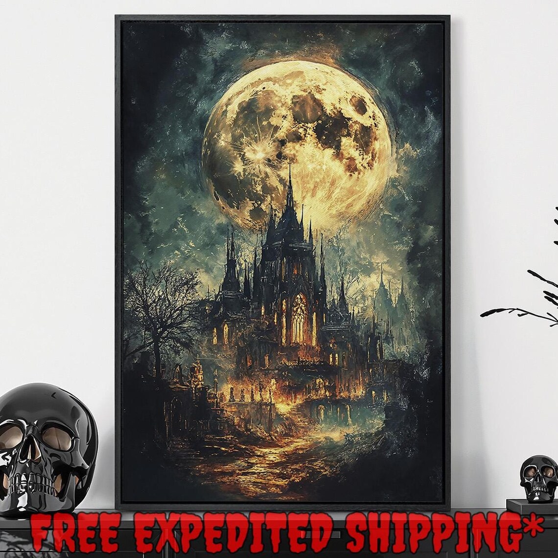 Dark Gothic Cathedral Beneath Giant Full Moon Night Sky Poster